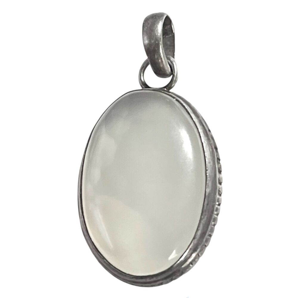 VTG Pendant Sterling Silver Off White Cabochon Oval Large Beaded Rim Patina 925